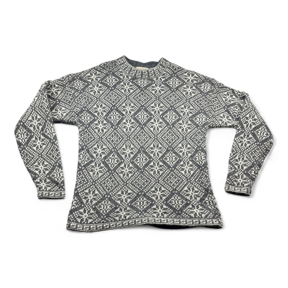 Vintage Sweater Adult MEDIUM Gray Fair Isle Wool Nordic Snowflake Diamond 90s